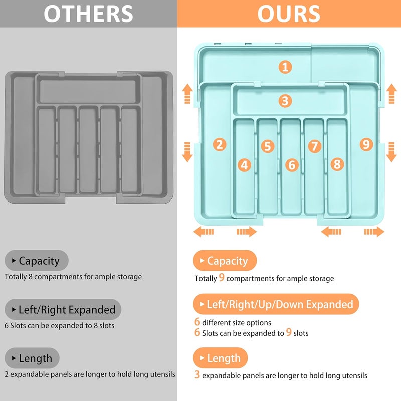 Spaclear Silverware Organizer Expandable Kitchen Utensil Drawer Organizer Large BPA Free Adjustable Cutlery Silverware Tray for Spoons Forks Knives Storage Divider for Kitchen Flatware 6-9 Slots Turquoise - Image 4